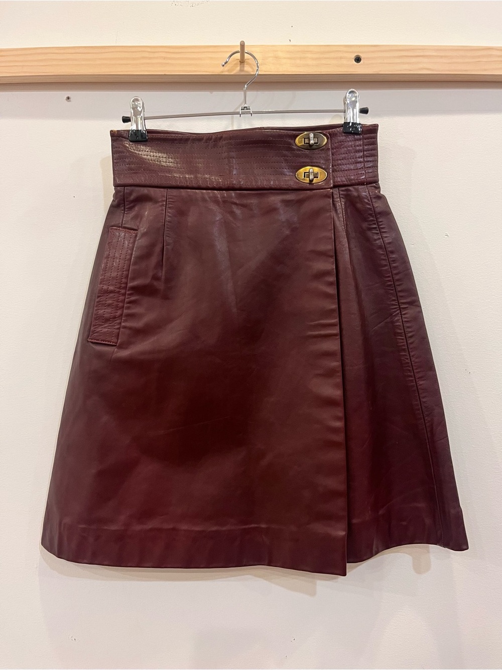 Saks Fifth Avenue Vintage Burgundy Leather A-Line Skirt with Gold Buckle Detail
